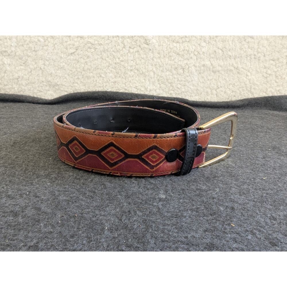 VTG‎ Medium Women's Belt Leather Colorful Boho Print India 1" Wide Boho Tooled